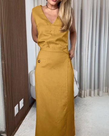 Solid Color Button Decor V Neck Sleeveless Hollow out Back Maxi Dress Casual Tied Detail Slit Work Dress